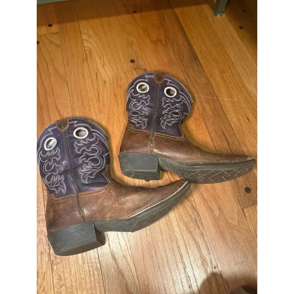 Ariat Youth Cowboy Boots Girls Sz 4 Brown Purple Square Toe Western Leather